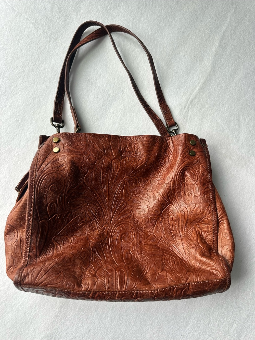 American Leather Co Brandy Brown Tooled Floral Leather Triple Compartment Bag